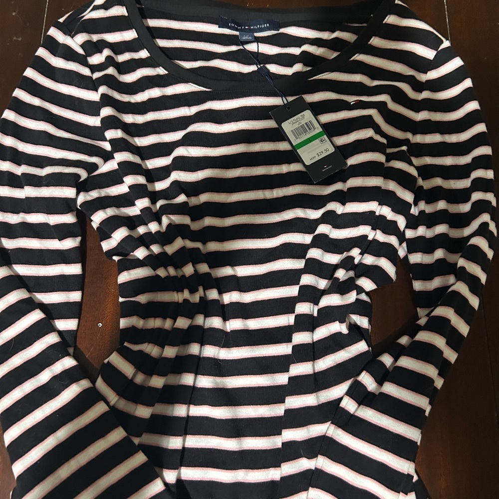 Tommy Hilfiger Black and White Fitted Long Sleeve Tee